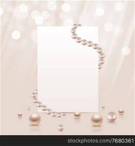 Glossy abstract background with realistic pearls and white paper template. Vector Illustration. EPS10. Glossy abstract background with realistic pearls and white paper template. Vector Illustration