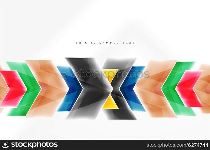 Glossy arrow wallpaper. Color geometric shapes - glass realistic style. Vector web brochure, internet flyer with copyspace