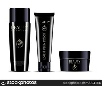 Glossy black cosmetic bottles mockup set. Bottle for shampoo or hair conditioner, Tube Packaging, cream jar with brand logo and label.. Glossy black cosmetic bottles mockup set. Bottle