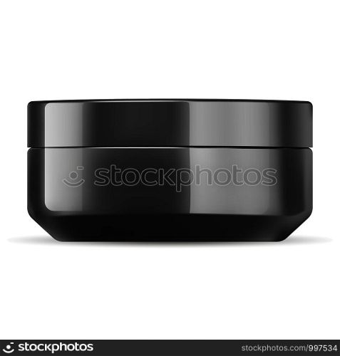 Glossy black cosmetic cream jar mockup template. Cosmetics packaging glass or plastic made with lid. Blank container for cream, salt, ointment, gel, butter, skin care, powder. Vector illustration.. Glossy black cosmetic cream jar mockup template.