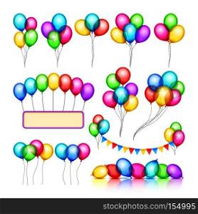 Glossy celebration party balloon groups of decorations vector set. Color air balloon for holiday birthday event, illustration of helium balloon. Glossy celebration party balloon groups of decorations vector set