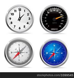 Glossy clock, speedometer and compass set illustration on white background