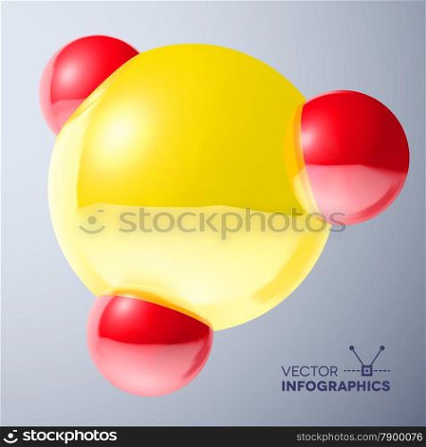 Glossy connected 3D red and yellow balls molecule sign with reflections