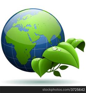 Glossy Earth globe with green leaves isolated on white background.
