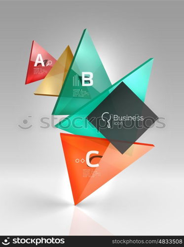 Glossy glass translucent triangles on 3d empty space. Vector template background for workflow layout, diagram, number options or web design