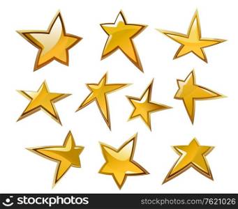 Glossy gold and yellow stars icons and symbols isolated on white background