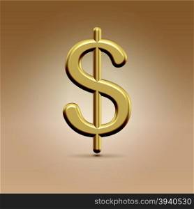 Glossy golden dollar sign hanging in the light background