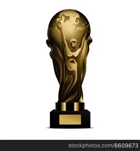Glossy golden trophy cup. Shiny metallic statuette with human figures holding world globe on stand with nameplate realistic vector isolated on white background. Famous sports prize illustration