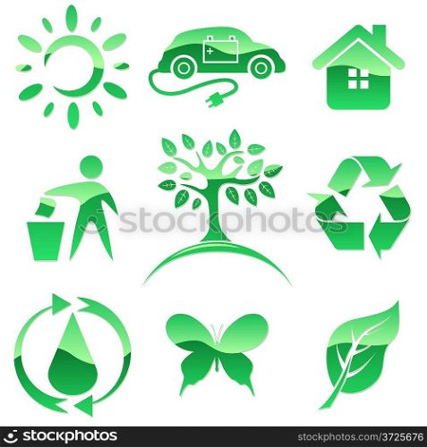 Glossy green vector icons. Nature protection symbols.