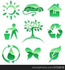 Glossy green vector icons. Nature protection symbols.
