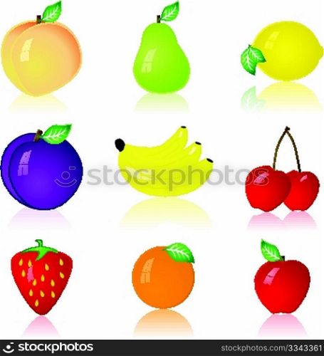 Glossy illustration of nine different fruits: peach, pear, lemon, plum, banana, cherry, strawberry, orange and apple