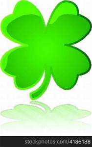 Glossy illustration showing a four leaf clover reflected on a white surface