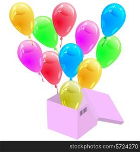 Glossy multicolored balloons flying out of the cardboard box. Vector illustration.