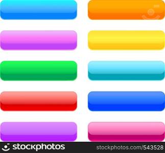 Glossy multicoloured UI or web button template collection, shiny coloured blank bar set isolated on white background. Vector design elements.