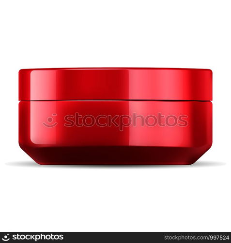 Glossy red cosmetic cream jar mockup template. Cosmetics packaging glass or plastic made with lid. Blank container for cream, salt, ointment, gel, butter, skin care, powder. Vector illustration.. Glossy red cosmetic cream jar mockup template.
