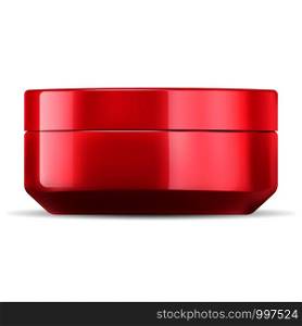 Glossy red cosmetic cream jar mockup template. Cosmetics packaging glass or plastic made with lid. Blank container for cream, salt, ointment, gel, butter, skin care, powder. Vector illustration.. Glossy red cosmetic cream jar mockup template.