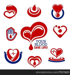 Glossy red hearts icons made up of drops of blood with heartbeat lines and hand with blood drop symbol. Use as blood donation, health care and medical charity themes design . Blood donation icons for medical charity design