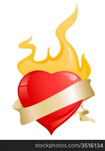 glossy red hearts with ribbon and fire for valentine&acute;s day