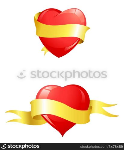 glossy red hearts with yellow ribbon for valentine&acute;s day
