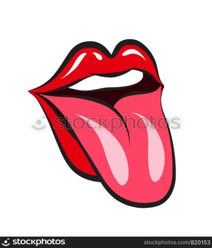 Glossy red woman lips with tongue on white background. Vector illustration
