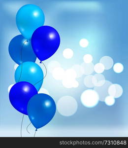 Glossy shiny balloons for party decorations, birthdays and anniversaries, blue rubber balloon inflatable helium flying elements on blurred backdrop. Glossy Shiny Balloons Party Decorations, Birthdays