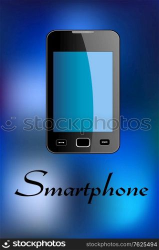 Glossy smartphone with text - Smartphone - at the bottom isolated over blue colored background in vertical format suitable for telecommunication industry design. Glossy smartphone