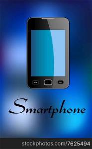 Glossy smartphone with text - Smartphone - at the bottom isolated over blue colored background in vertical format suitable for telecommunication industry design. Glossy smartphone