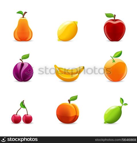 Glossy style set of pear lemon banana cherry fruit icons vector illustration
