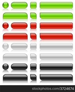 Glossy web buttons of different shapes in green, red, white and black colors.