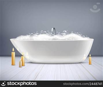 Glossy white bathtub with foam and burning candles at floor on grey wall background 3d vector illustration. Bathtub With Foam 3D Illustration