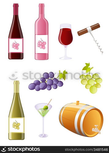 Glossy wine and grapes icon set