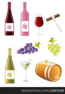 Glossy wine and grapes icon set