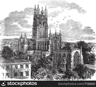 Gloucester Cathedral or the Cathedral Church of St Peter and the Holy and Indivisible Trinity in Gloucester, England , during the 1890s, vintage engraving. Old engraved illustration of Gloucester Cathedral from the south west.