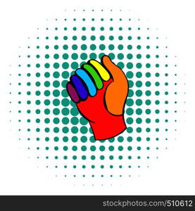 Glove in rainbow colors icon in comics style on a white background . Glove in rainbow colors icon, comics style