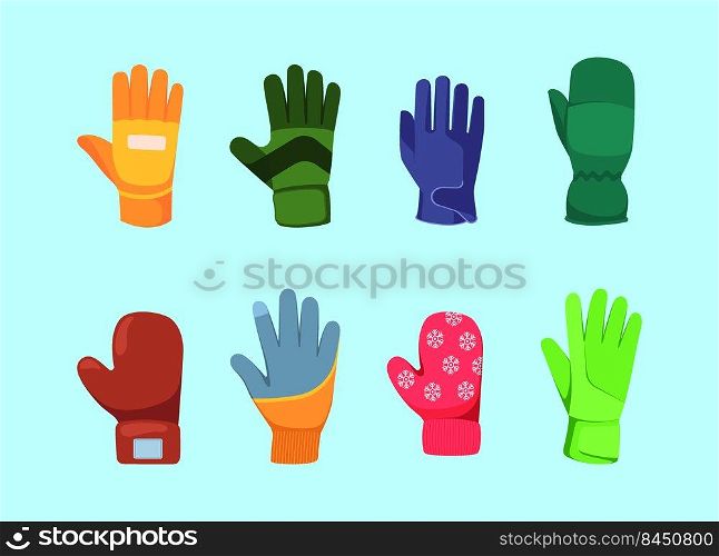 Gloves collection. Cold winter seasonal clothes for hands knitted and leather fashioned gloves garish vector illustrations in cartoon style. Winter cartoon glove garment accessory collection. Gloves collection. Cold winter seasonal clothes for hands knitted and leather fashioned gloves garish vector illustrations in cartoon style