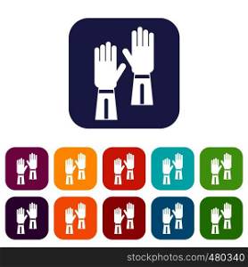 Gloves icons set vector illustration in flat style in colors red, blue, green, and other. Gloves icons set