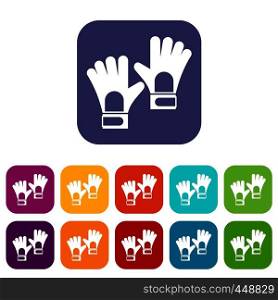Gloves of goalkeeper icons set vector illustration in flat style In colors red, blue, green and other. Gloves of goalkeeper icons set flat