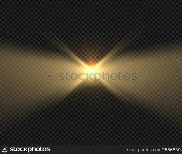 Glow beacon beam effect, realistic glow projector or headlight ray. Isolated lighthouse lights in night. Yellow flash decorative element template. Vector blinding spotlight on transparent background. Glow beacon beam effect, realistic lighthouse lights in night. Glow projector or headlight ray. Decorative yellow flash template. Vector blinding spotlight on transparent background