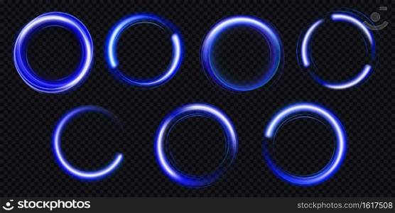 Glow circles with sparkles, magic light effect with glitter dust. Vector realistic set of blue shiny rings and swirls, round frames of flare trail isolated on transparent background. Vector set of glow blue circles with sparkles