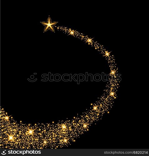 Glow gold star with trail. Light effect. Vector illustration