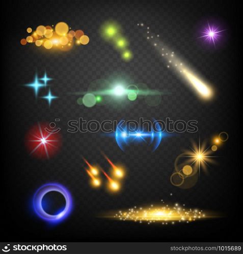 Glow lens effects. Glares bokeh circles burst fireworks lightning vector abstract template. Lightning effect, burst glow, glowing bokeh illustration. Glow lens effects. Glares bokeh circles burst fireworks lightning vector abstract template
