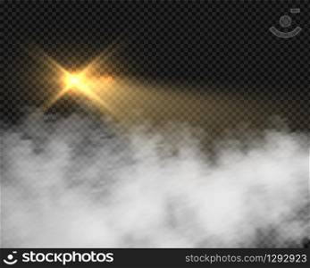 Glow motorcycle headlight in smoke. Beacon yellow lights with blurred mist. Vector light effect in fog isolated on transparent background. Glow motorcycle headlight in smoke. Beacon lights with mist. Vector light effect in fog isolated on transparent background