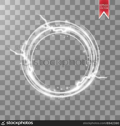 Glow round frame with electricity and lightning and many shine particles isolated on transparent background. Vector illustration. Glow round frame with electricity and lightningand many shine particles isolated on transparent background. Vector illustration. EPS 10.
