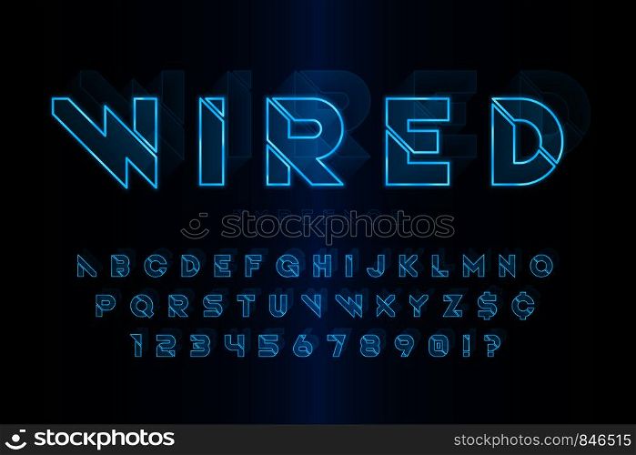 Glowing 3d futuristic sci-fi alphabet, creative characters set. Vector illustration. Glowing 3d futuristic sci-fi alphabet, creative characters set.