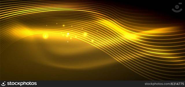 Glowing abstract wave on dark, shiny motion. Glowing abstract wave on dark, shiny motion, magic space light. Vector techno abstract background, yellow color