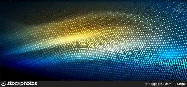 Glowing abstract wave on dark, shiny motion. Glowing abstract wave on dark, shiny motion, magic space light. Vector techno abstract background, blue and yellow colors