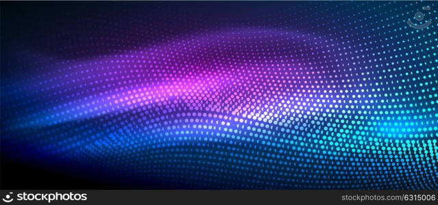 Glowing abstract wave on dark, shiny motion. Glowing abstract wave on dark, shiny motion, magic space light. Vector techno abstract background. Blue and purple colors