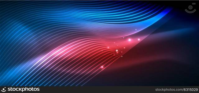 Glowing abstract wave on dark, shiny motion. Glowing abstract wave on dark, shiny motion, magic space light. Vector techno abstract background, blue and red colors