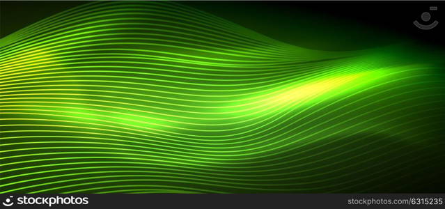 Glowing abstract wave on dark, shiny motion. Glowing abstract wave on dark, shiny motion, magic space light. Vector techno abstract background, green color