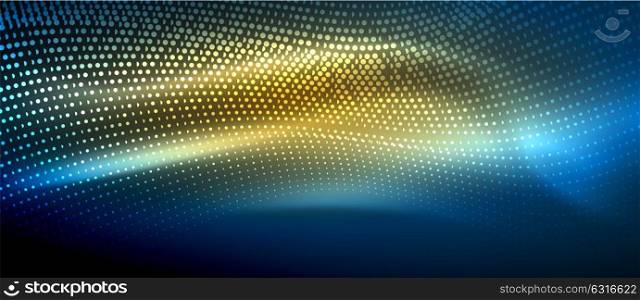 Glowing abstract wave on dark, shiny motion. Glowing abstract wave on dark, shiny motion, magic space light. Vector techno abstract background, blue and yellow colors